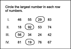 first-grade student assessment item: Circle the largest number in each row of numbers